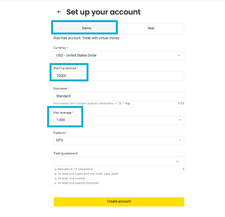 account setup form